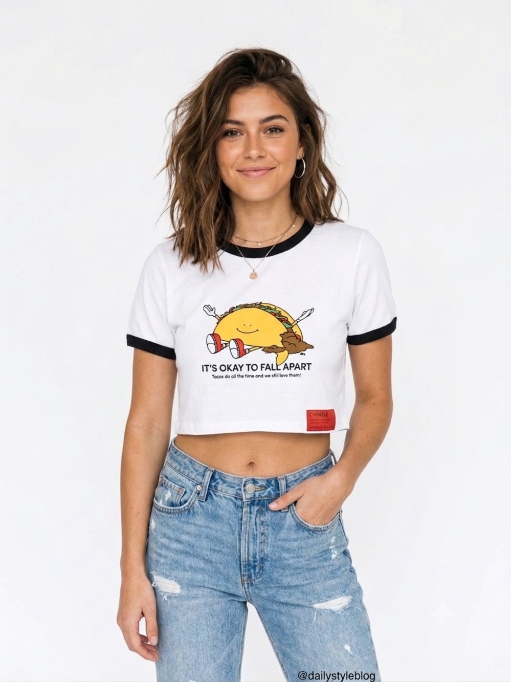 CHNGE White Ringer Tee with Taco Graphic and Black Trim. Size Small